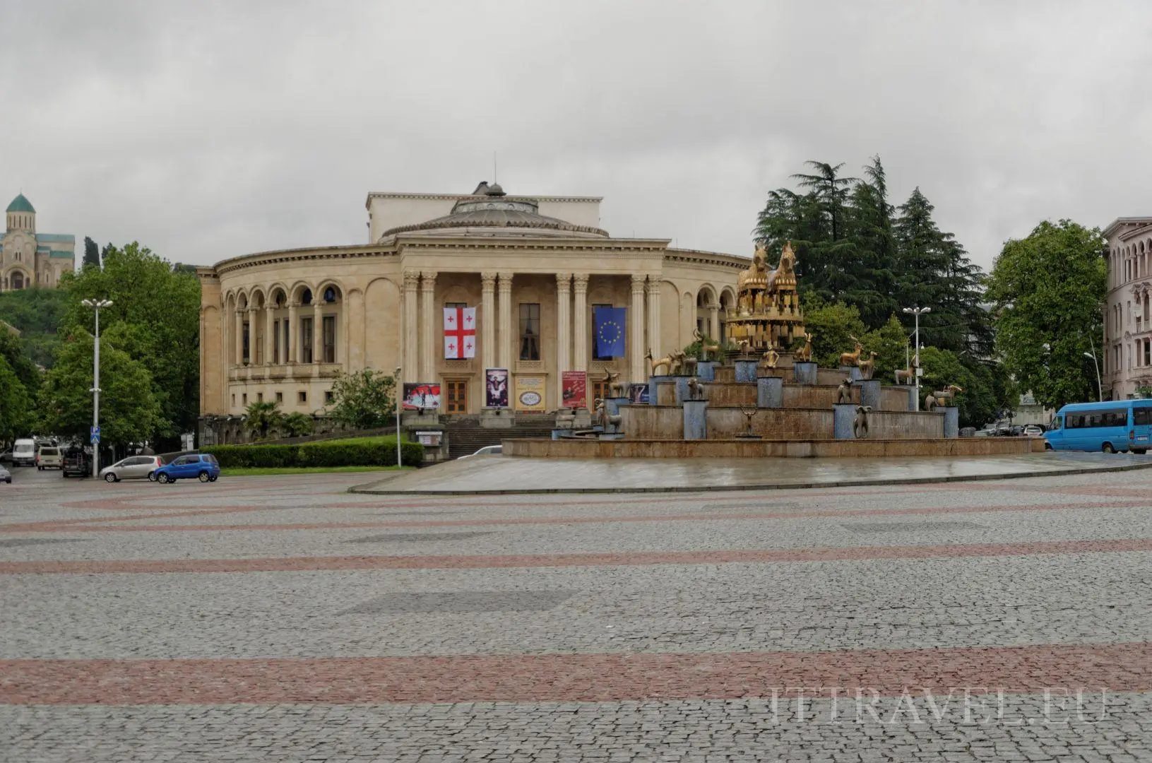 Kutaisi - Colchis Fountain and in background Meskhishvili Theatre